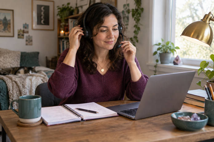 An adult adjusting a headset beside a laptop and open notebook at a home desk.