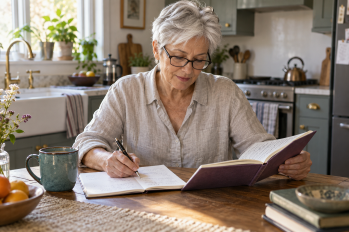 Checking journal records at home An older adult comparing notebook entries while writing at a kitchen table.