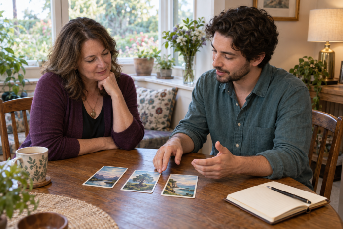 Two adults discussing three illustrated landscape cards at a table at home.