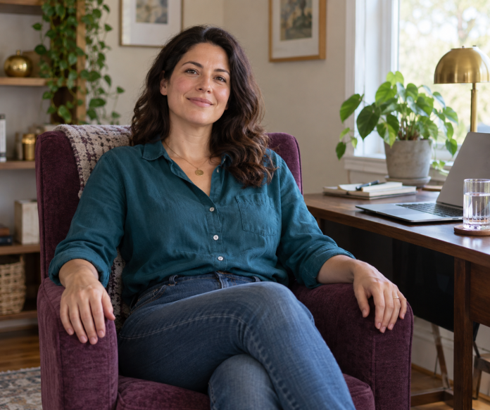 An adult sitting in an armchair beside a home desk with a laptop and glass of water.