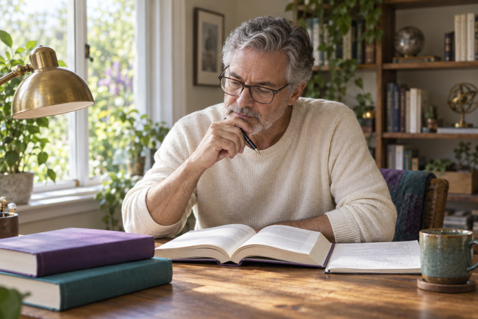 Comparing a book and notes at home An adult with glasses reading an open book beside handwritten notes at a home desk.