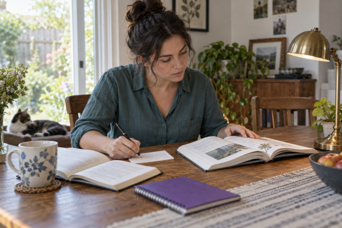 An adult making notes on a card between two open books at a home dining table.