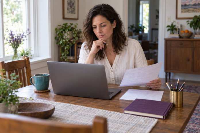 Woman reviewing a laptop and paper notes at a dining table at home.
