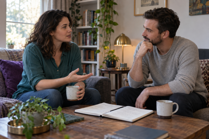 Two adults talking beside an open notebook on a living-room coffee table.