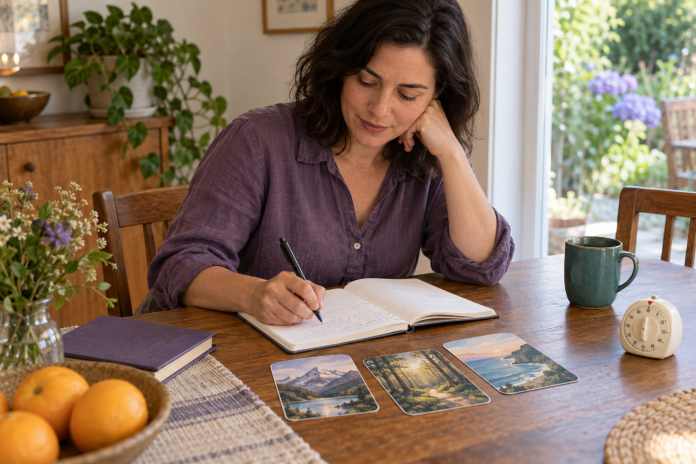 Keeping a practice record at home An adult writing in a notebook beside landscape cards and a kitchen timer.