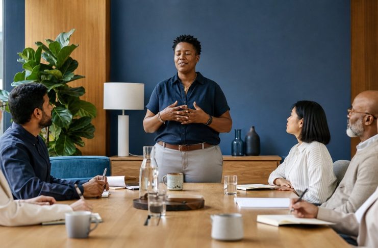 Mindfulness at Work: What Helps, What Backfires, and What Employers Owe Team lead offering an optional mindful pause in a modern workplace meeting