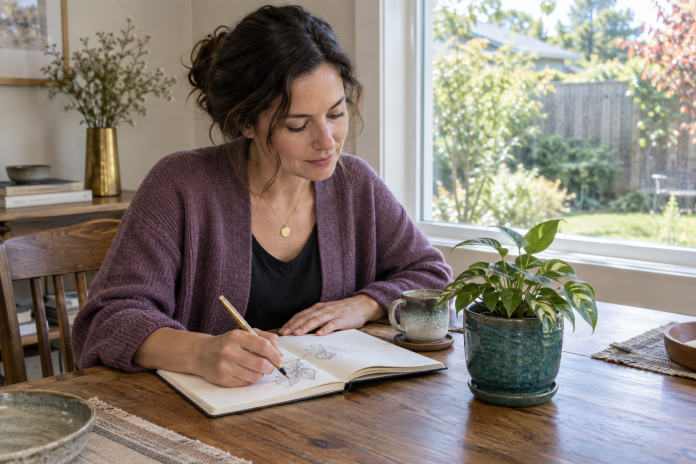 Observation practice at home Woman sketching a potted plant in a notebook at a home dining table.