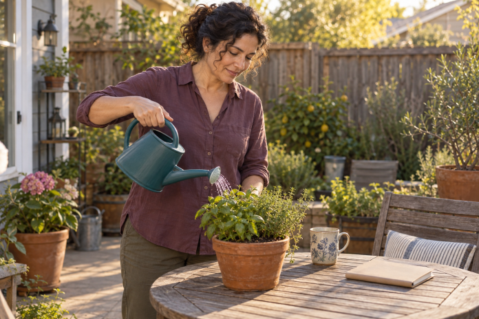 An adult watering a pot of herbs on a backyard patio beside a closed notebook and mug.