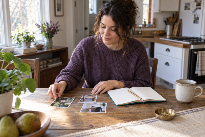 Planning with photo clippings at home An adult arranging photo clippings beside an open notebook at a kitchen table.