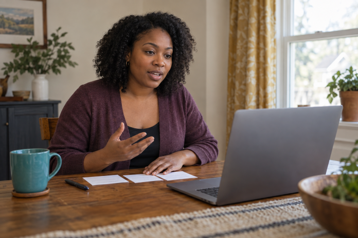 An adult speaking toward a laptop with note cards on a dining table at home.