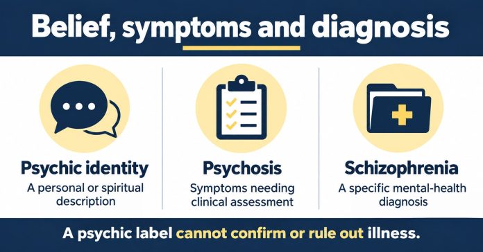Belief, symptoms and diagnosis are different questions Infographic comparing psychic identity as a personal or spiritual description, psychosis as symptoms needing clinical assessment, and schizophrenia as a specific mental-health diagnosis.