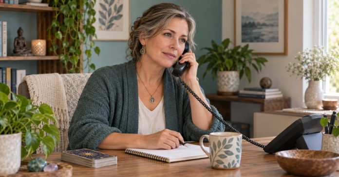 Fictional spiritual reader setting cards aside and listening attentively during a phone conversation.
