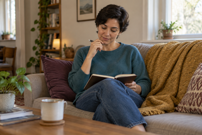 Quiet reflection on a sofa at home An adult sitting on a sofa with a pen and open notebook on their lap.