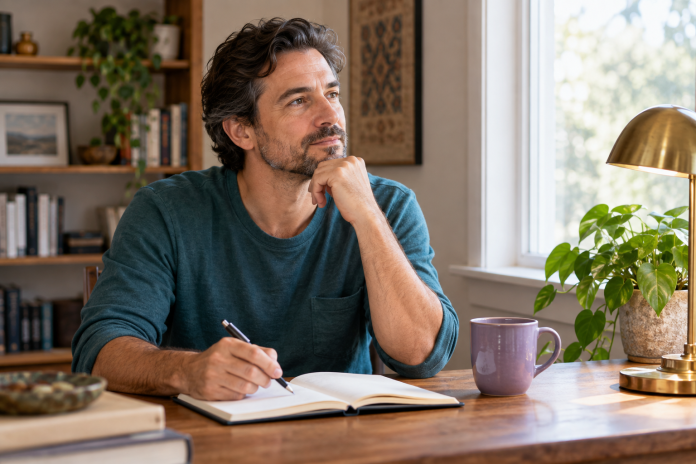 Man pausing with a pen and open notebook at a desk beside a window.