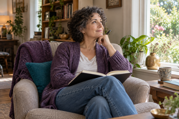 Reflection by a home window An adult with an open notebook looking toward a garden window from an armchair.