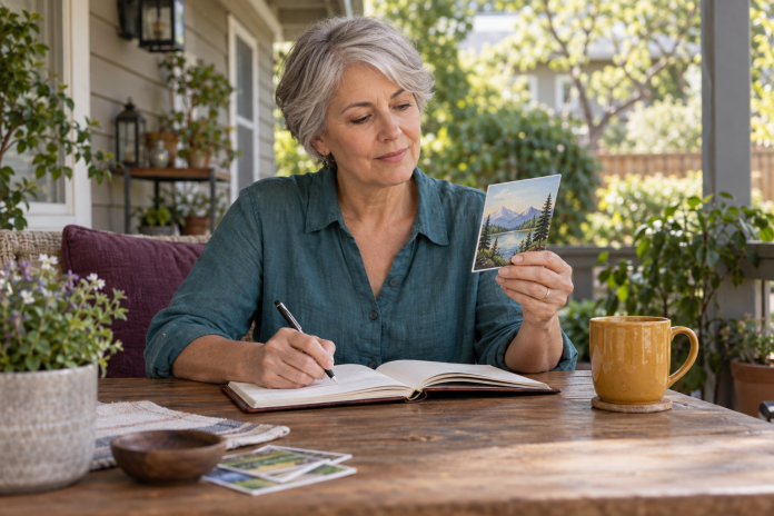 An older adult looking at an illustrated landscape card while writing in a notebook on a home patio.