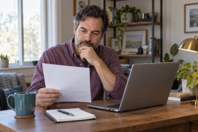 Reviewing an online work opportunity at home An adult reading a paper beside a laptop and notebook at a home desk.