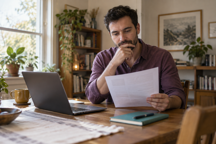 An adult reading a printed sheet beside a laptop and notebook at a home dining table.