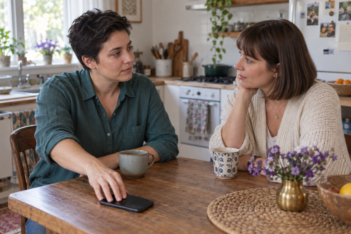 Supportive conversation at home Two adults talking at a kitchen table, with one resting a hand on a phone.