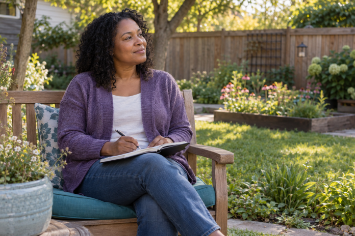 Thoughtful reflection in the garden Woman pausing with a notebook on a bench in a backyard garden.