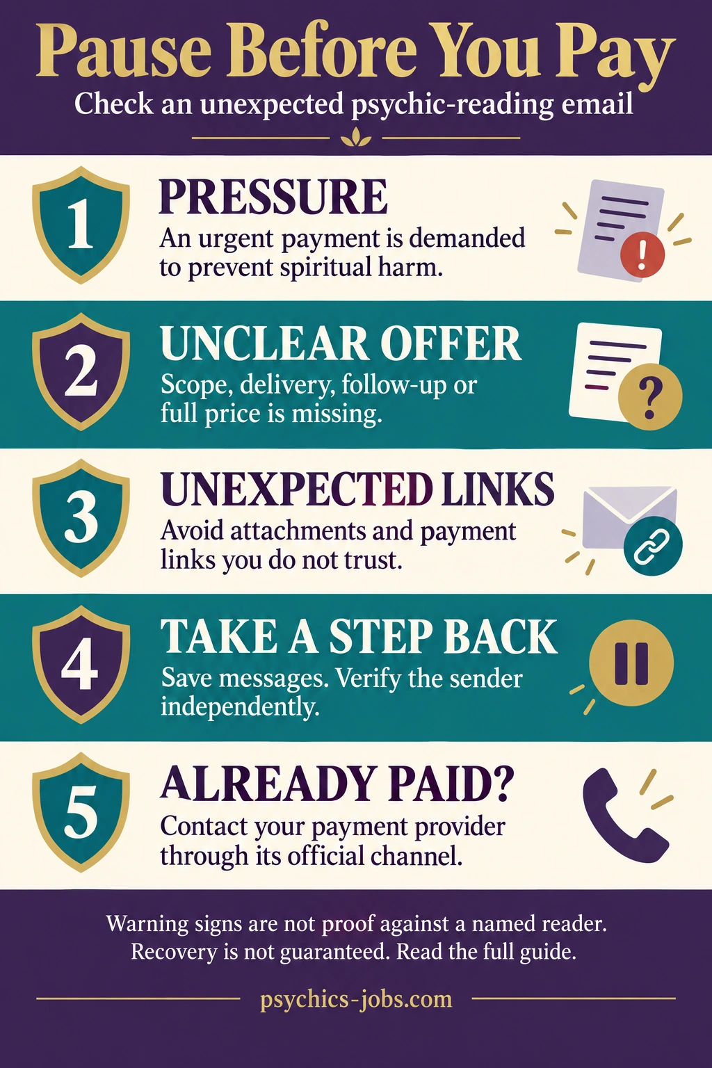 Five checkpoints for unexpected psychic-reading emails: pressure, unclear offers, unexpected links, independent checks and payment-provider support.