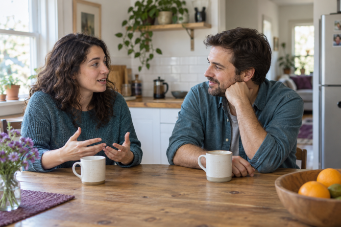 Two adults talking over cups at a kitchen table