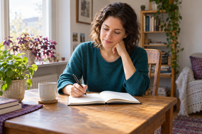 Adult reflecting over an open notebook at a wooden table