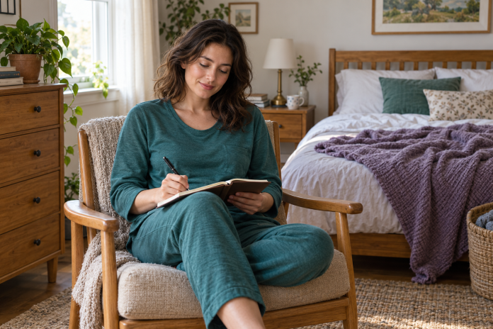 Morning note at home Adult writing in a notebook beside a bed in morning daylight