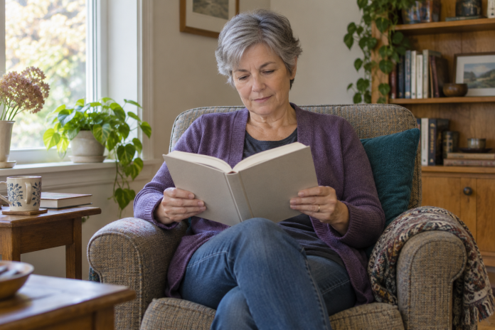 Adult in a purple cardigan reading a book in a home armchair