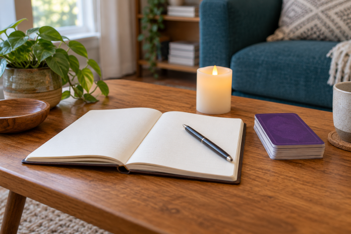 Reading tools on a home table Blank notebook and pen beside purple-backed cards and a flameless candle on a wooden home table