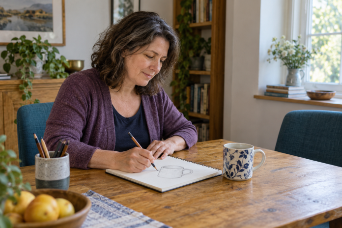 A person in a purple cardigan sketches a ceramic mug in a notebook at a wooden table.