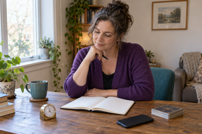 Reading preparation at home A person in a purple cardigan reviewing a notebook beside a phone, timer and closed card deck at a home table.