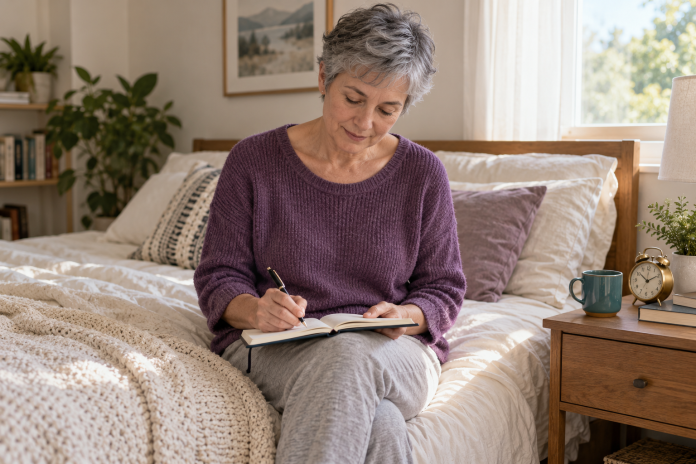A person in a purple sweater writing in a notebook on a bed beside a teal mug and gold clock.