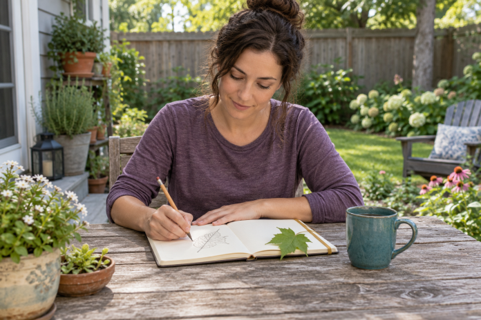 A person in a purple shirt drawing a leaf in a notebook at a garden table beside a teal mug.