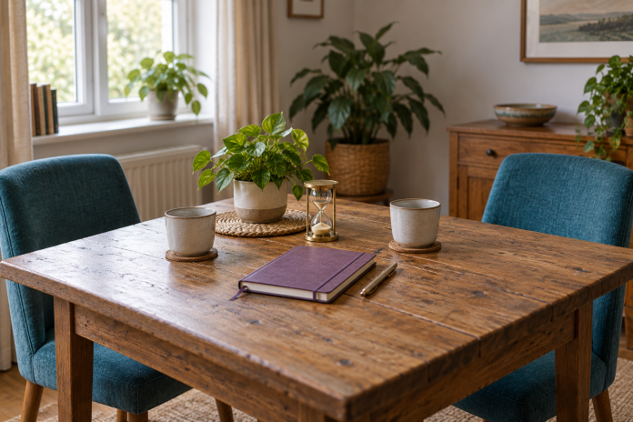 A home table with a purple notebook, pen, gold hourglass and two cups between empty teal chairs.