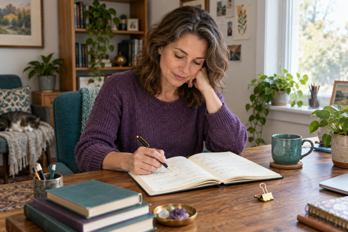 A person in a purple sweater reviewing an open notebook at a home desk with a teal cup.