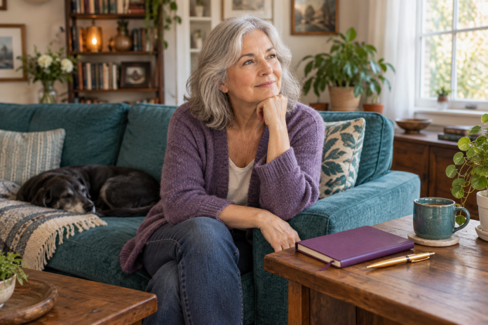 Reflection at home An older adult in a purple cardigan seated on a teal sofa beside a notebook, pen and cup.