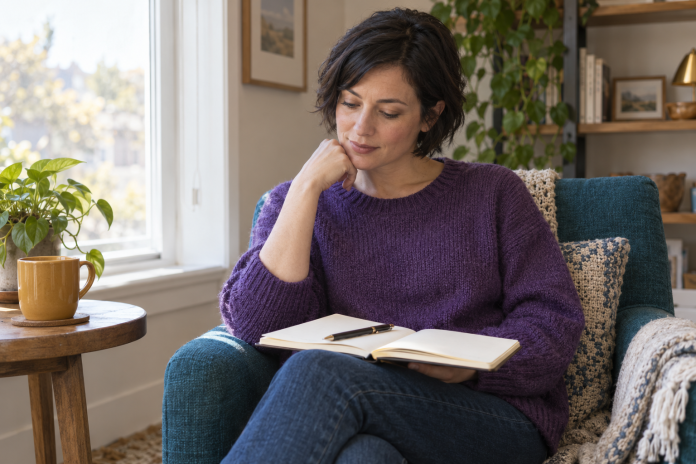 Fictional woman in a purple sweater reviewing a notebook in a teal chair beside a home window.