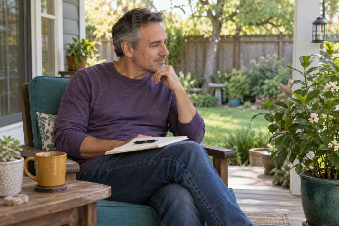 Everyday observation on a home porch Fictional man with a notebook observing plants from a chair on a home porch.
