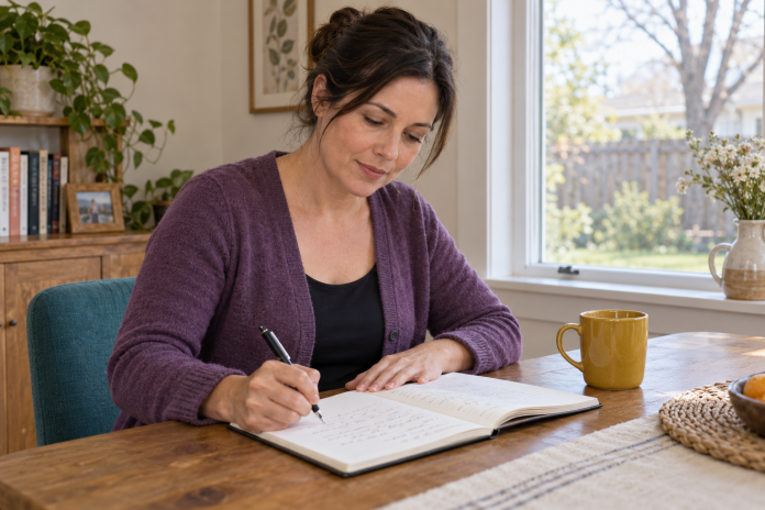 Reviewing practice notes at home Fictional woman writing in a notebook at a wooden table beside a home window.