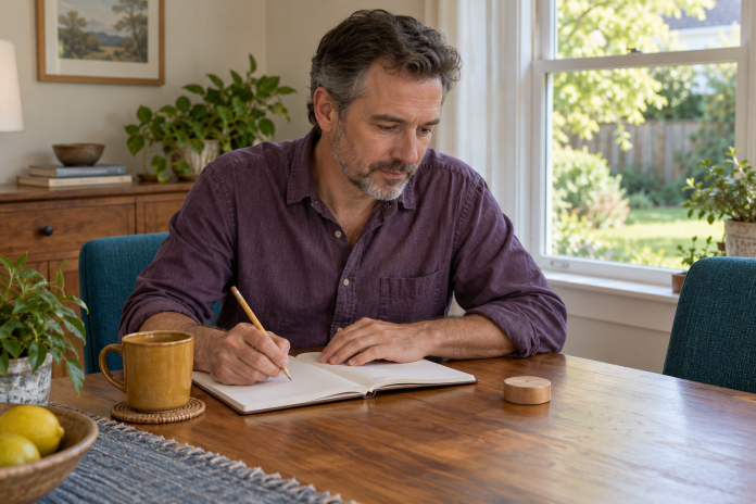 Illustration of a man in a purple shirt writing in a notebook beside a wooden token and ochre mug at a home table.