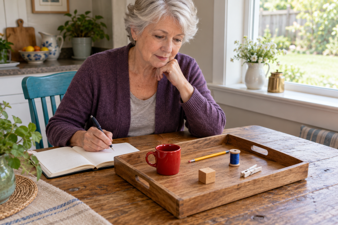 Illustration of a silver-haired woman in a purple cardigan taking notes beside a tray of five household objects at a kitchen table.