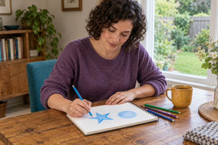 Illustration of a woman in a purple sweater drawing a blue star and circle in a sketchbook at a home table.