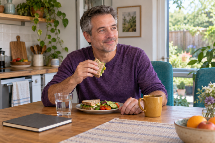 Lunch break at home Illustration of a man in a purple shirt holding a sandwich at a home table with lunch, a drinking glass and a mug.