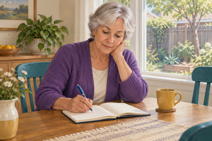 Illustration of a silver-haired woman in a purple cardigan writing in a notebook at a home table beside an ochre mug.