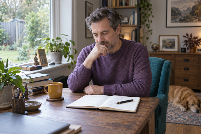 Illustrative practice records at home Man in a purple sweater looking at an open notebook from a teal chair beside a home window