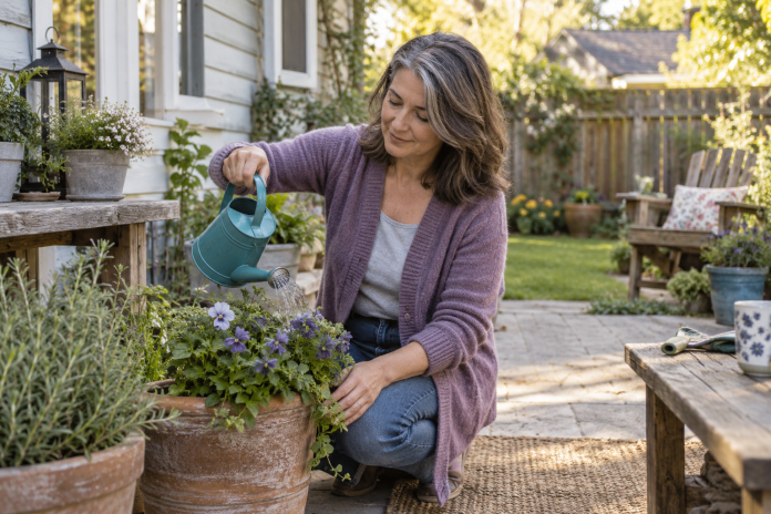 Woman in a purple cardigan watering potted flowers with a teal watering can on a backyard patio