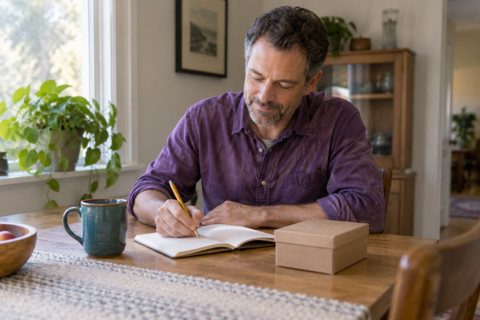 Man in a purple shirt writing in a notebook beside a closed cardboard box and teal mug at a home table
