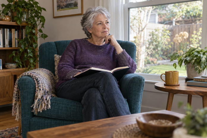 Quiet reflection at home Gray-haired woman in a purple sweater seated in a teal armchair with an open notebook beside a home window
