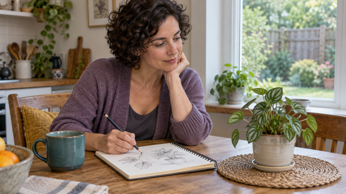 Woman sketching a potted plant in a notebook at a kitchen table beside a teal mug.